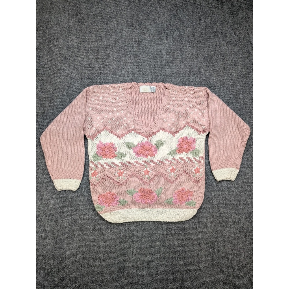 Vintage Needles‎ & Yarn Floral Knit Sweater Pink Rose Medium Grannycore Cottage